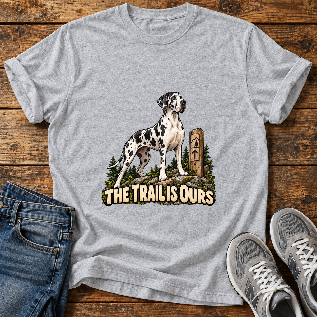 Trail Is Ours Great Dane graphic T-shirt in Sport Grey, shown on a flat-lay shirt mockup