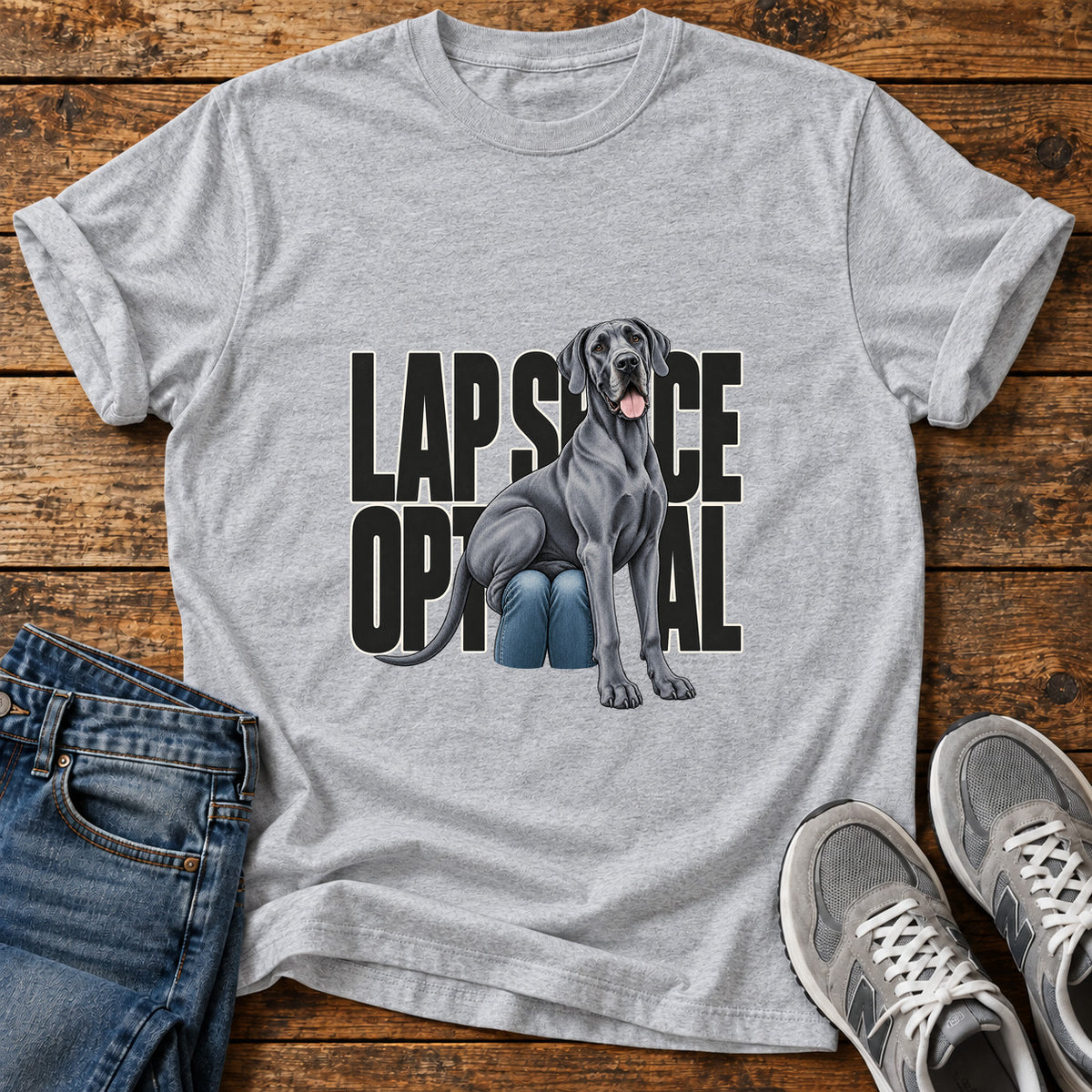 Lap Space Optional Great Dane graphic T-shirt in Sport Grey, shown on a flat-lay shirt mockup