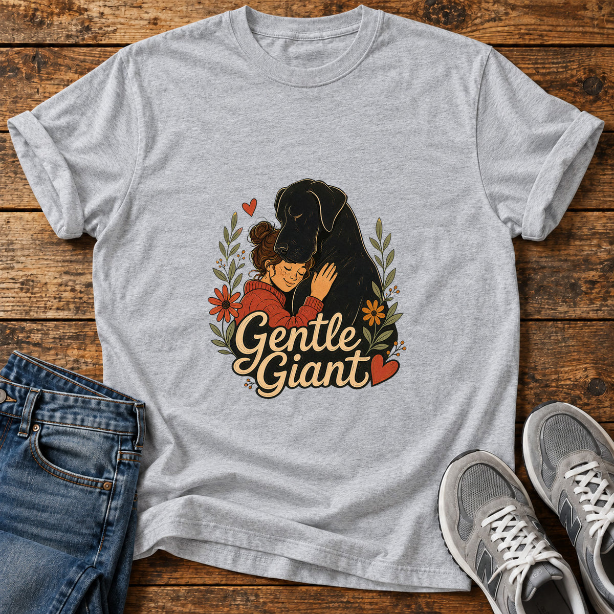 Gentle Giant Great Dane graphic T-shirt in Sport Grey, shown on a flat-lay shirt mockup