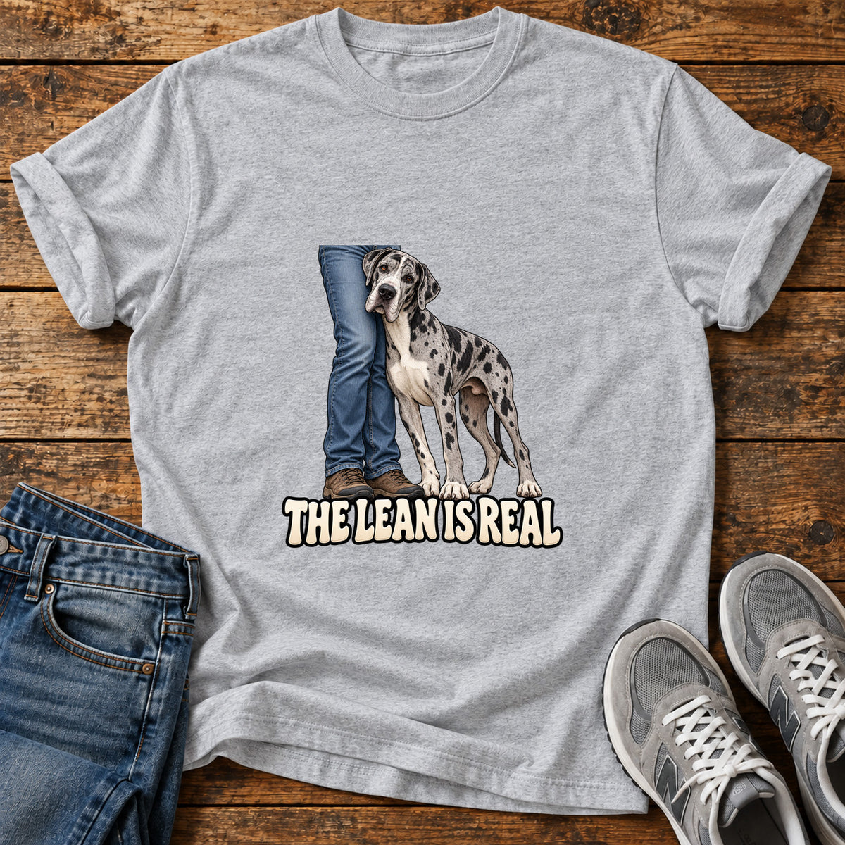 The Lean Great Dane graphic T-shirt in Sport Grey, shown on a flat-lay shirt mockup