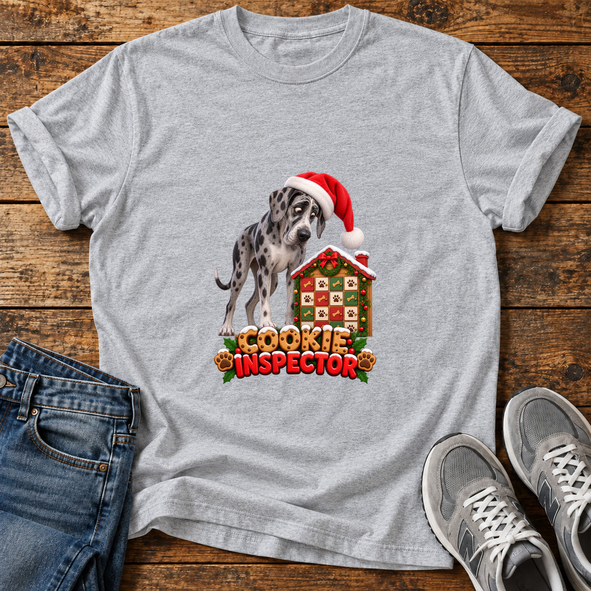 Cookie Inspector Great Dane graphic T-shirt in Sport Grey, shown on a flat-lay shirt mockup