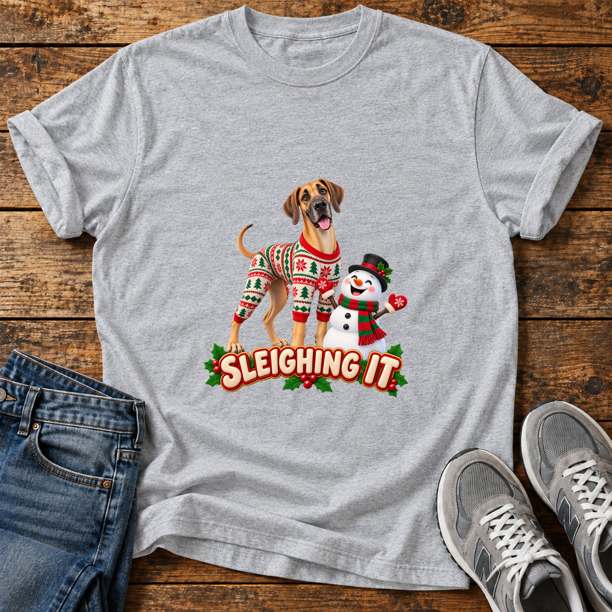 Sleighing It Great Dane graphic T-shirt in Sport Grey, shown on a flat-lay shirt mockup