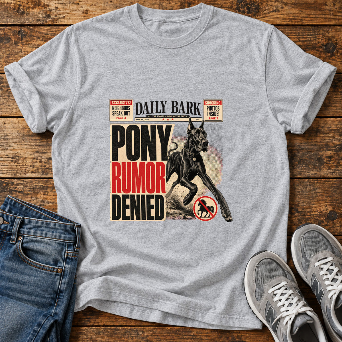 Pony Rumor Great Dane graphic T-shirt in Sport Grey, shown on a flat-lay shirt mockup