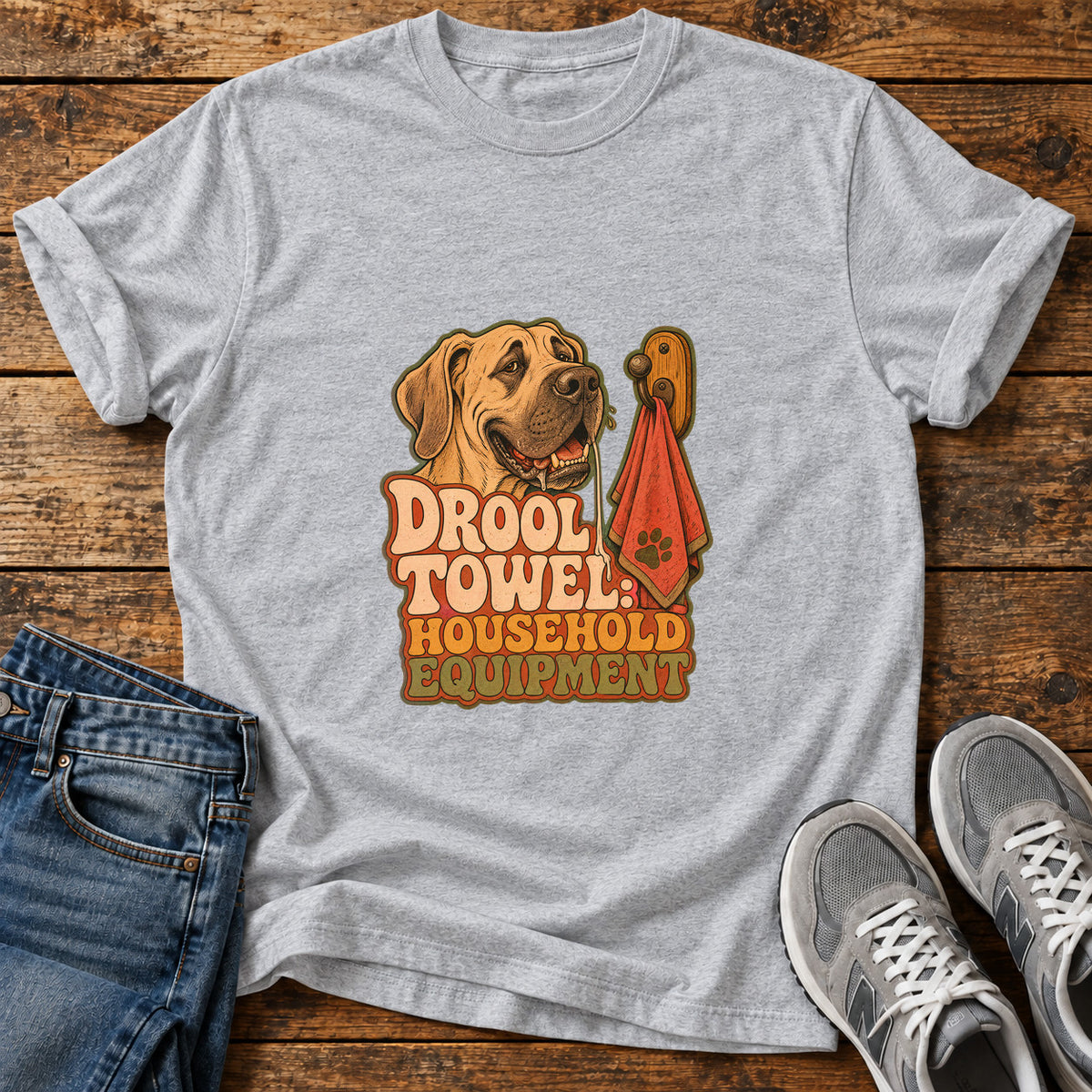 Drool Towel Essentials Great Dane graphic T-shirt in Sport Grey, shown on a flat-lay shirt mockup