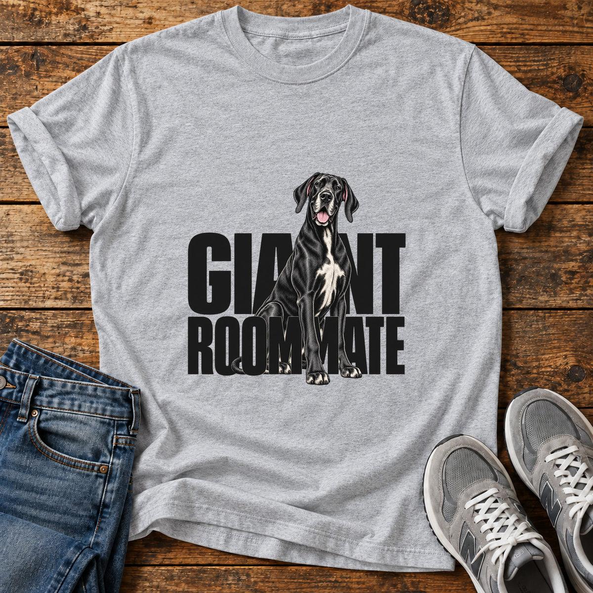 Giant Roommate Great Dane graphic T-shirt in Sport Grey, shown on a flat-lay shirt mockup