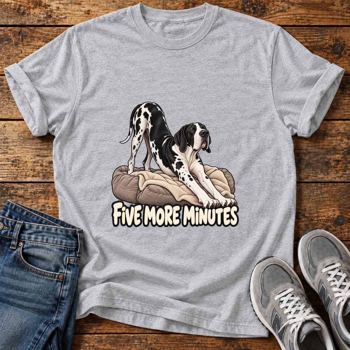 Five More Minutes Great Dane graphic T-shirt in Sport Grey, shown on a flat-lay shirt mockup