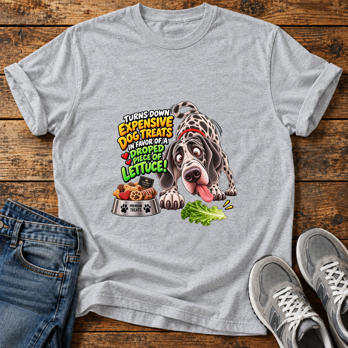 Dog's Lettuce Love Great Dane graphic T-shirt in Sport Grey, shown on a flat-lay shirt mockup
