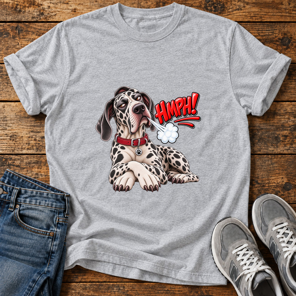 Hmph Pooch Great Dane graphic T-shirt in Sport Grey, shown on a flat-lay shirt mockup