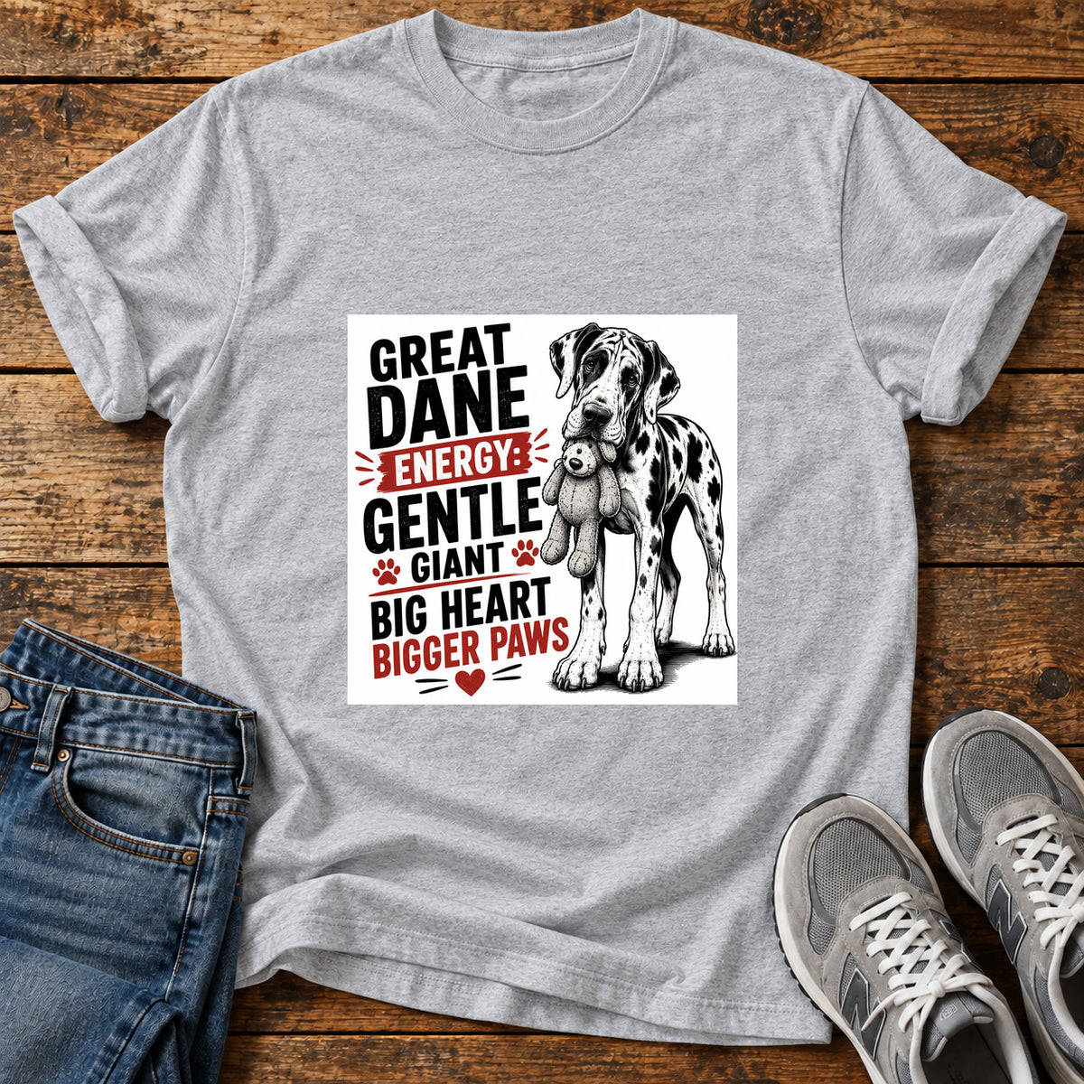 Great Dane Energy graphic T-shirt in Sport Grey, shown on a flat-lay shirt mockup