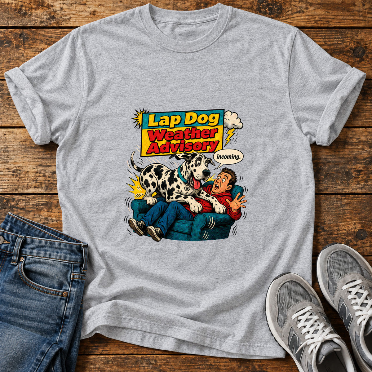 Lap Dog Advisory Great Dane graphic T-shirt in Sport Grey, shown on a flat-lay shirt mockup