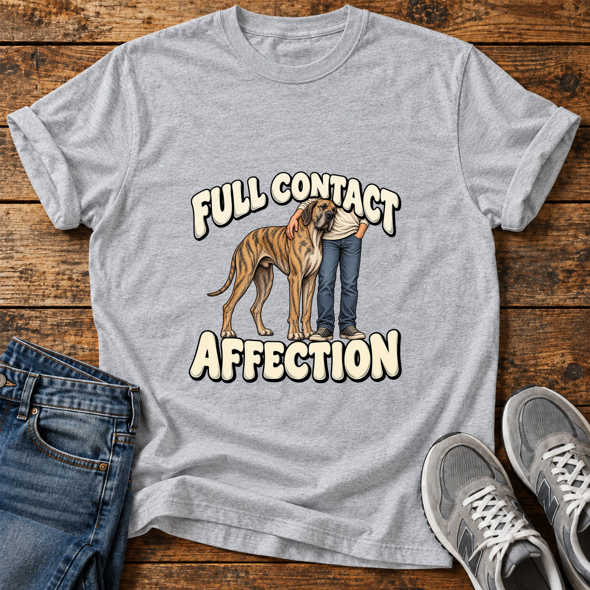 Full Contact Affection Great Dane graphic T-shirt in Sport Grey, shown on a flat-lay shirt mockup