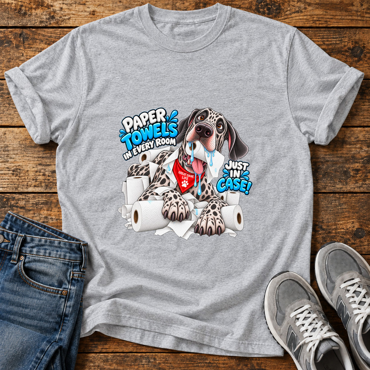 Paper Towels Pooch Great Dane graphic T-shirt in Sport Grey, shown on a flat-lay shirt mockup