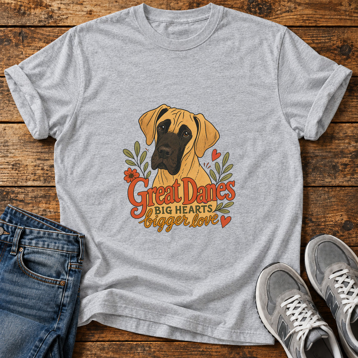 Great Danes Love graphic T-shirt in Sport Grey, shown on a flat-lay shirt mockup