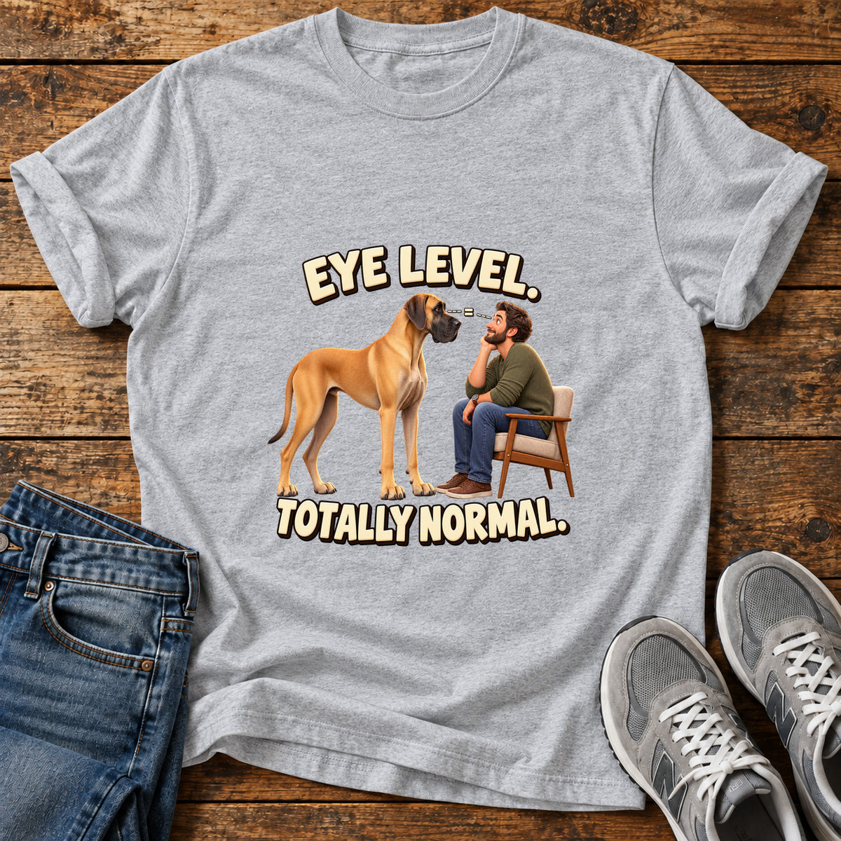 Eye Level Normal Great Dane graphic T-shirt in Sport Grey, shown on a flat-lay shirt mockup