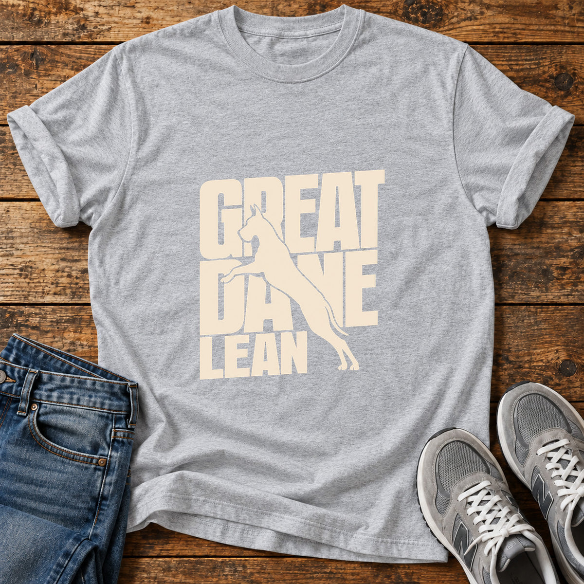 Great Dane Lean graphic T-shirt in Sport Grey, shown on a flat-lay shirt mockup