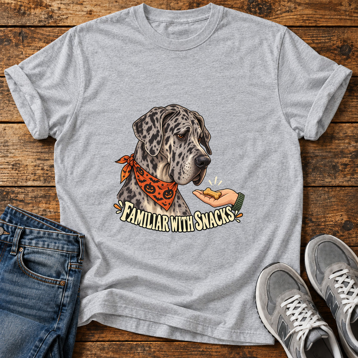 Familiar Snacks Great Dane graphic T-shirt in Sport Grey, shown on a flat-lay shirt mockup