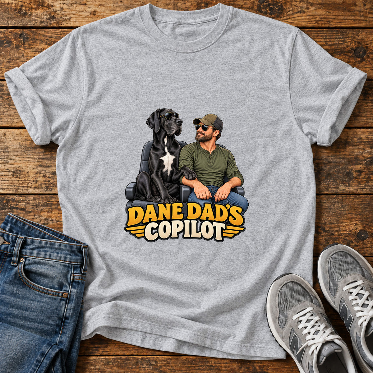 Dane Copilot Great Dane graphic T-shirt in Sport Grey, shown on a flat-lay shirt mockup