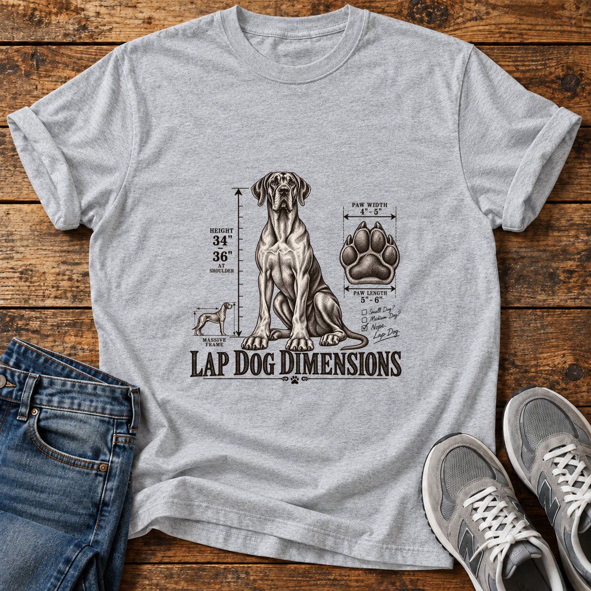 Lap Dog Dimensions Great Dane graphic T-shirt in Sport Grey, shown on a flat-lay shirt mockup
