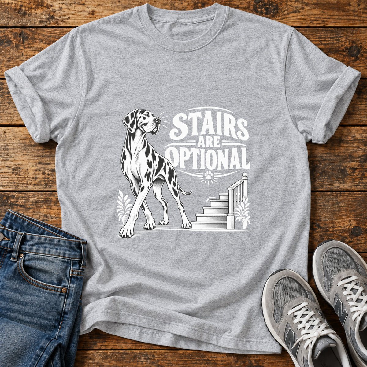 Stairs Optional Great Dane graphic T-shirt in Sport Grey, shown on a flat-lay shirt mockup