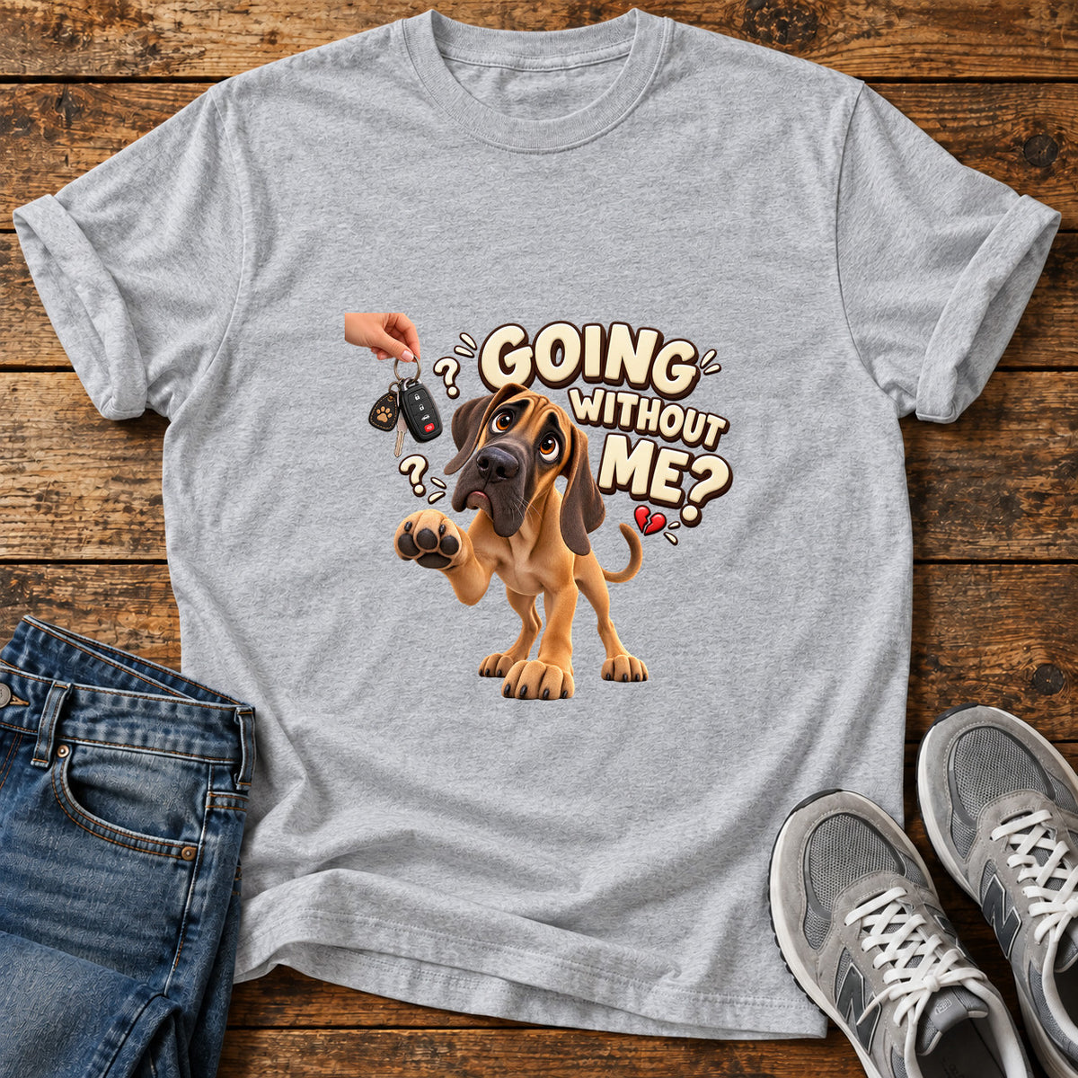 Going Without Me Great Dane graphic T-shirt in Sport Grey, shown on a flat-lay shirt mockup