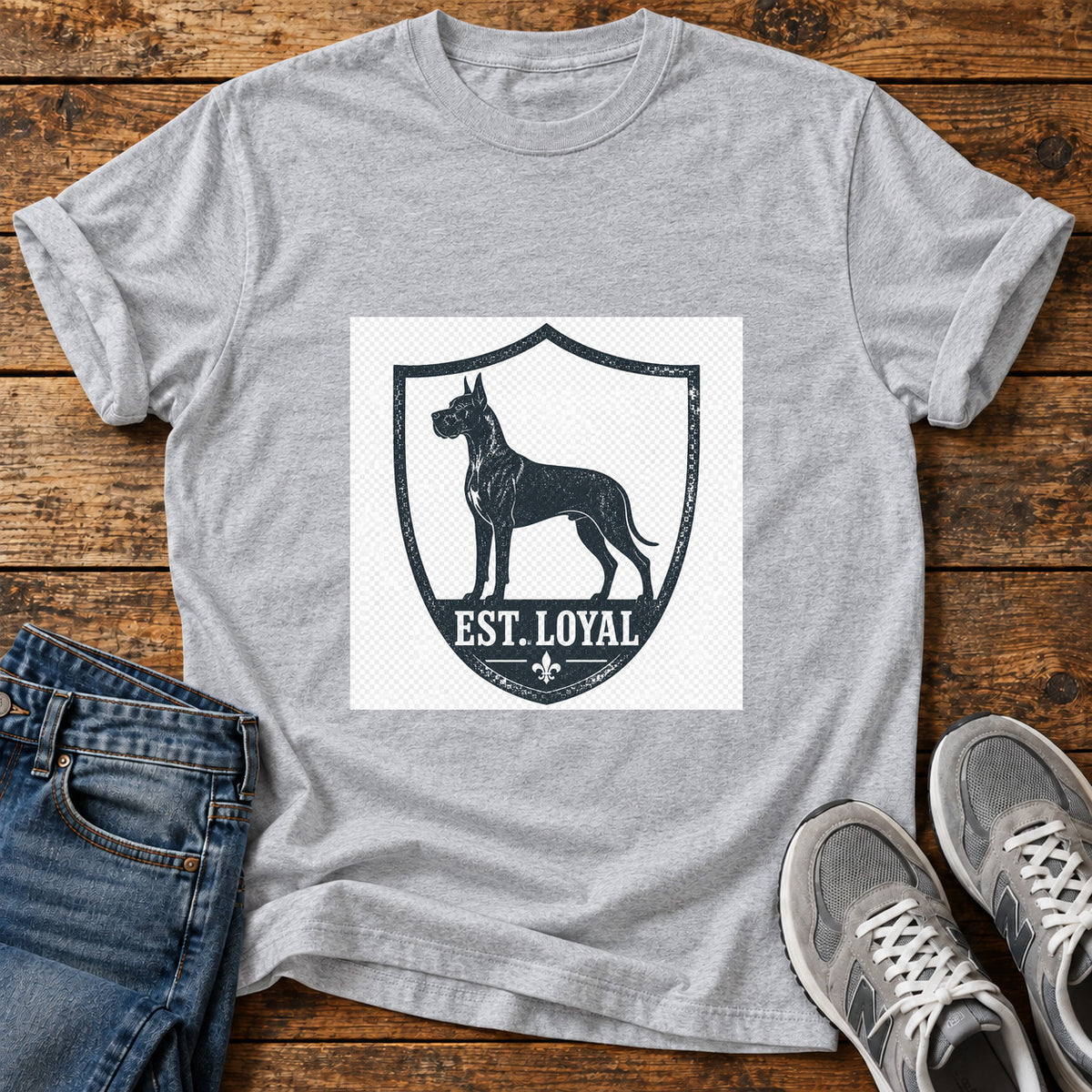 Est Loyal Great Dane graphic T-shirt in Sport Grey, shown on a flat-lay shirt mockup