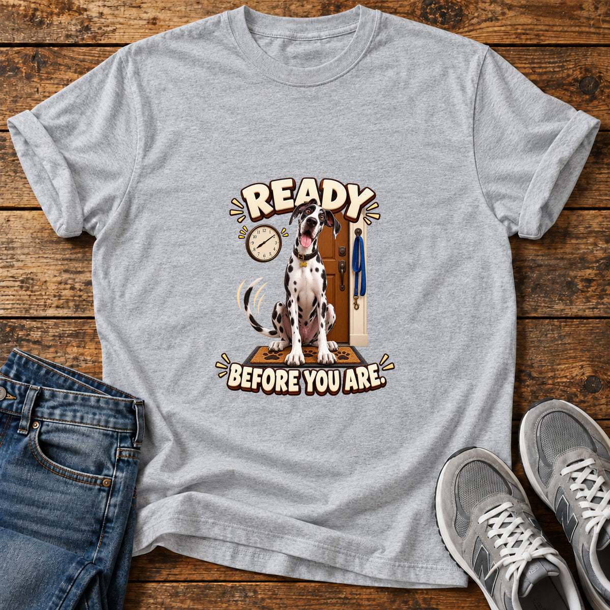 Ready Before You Great Dane graphic T-shirt in Sport Grey, shown on a flat-lay shirt mockup