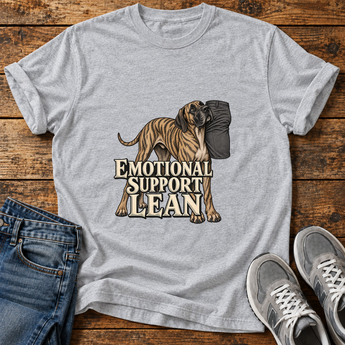 Emotional Support Lean Great Dane graphic T-shirt in Sport Grey, shown on a flat-lay shirt mockup