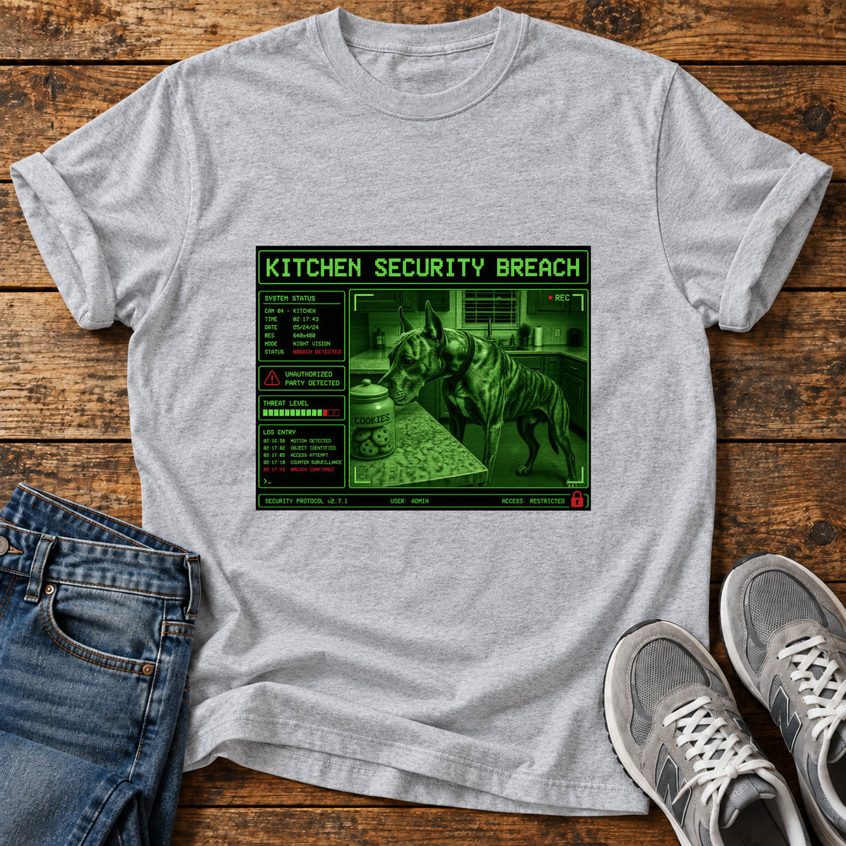 Kitchen Security Breach Great Dane graphic T-shirt in Sport Grey, shown on a flat-lay shirt mockup