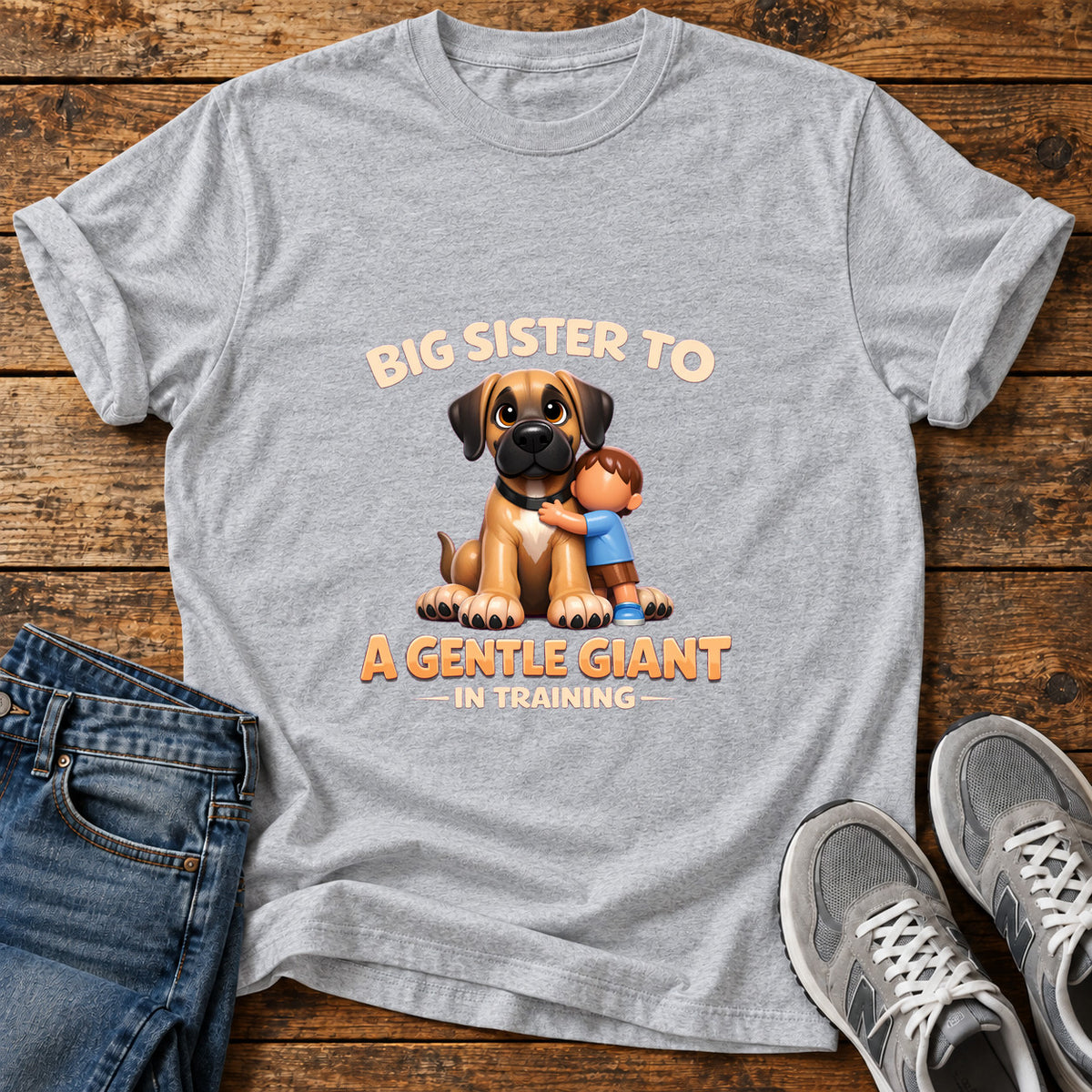Gentle Giant Sister Great Dane graphic T-shirt in Sport Grey, shown on a flat-lay shirt mockup