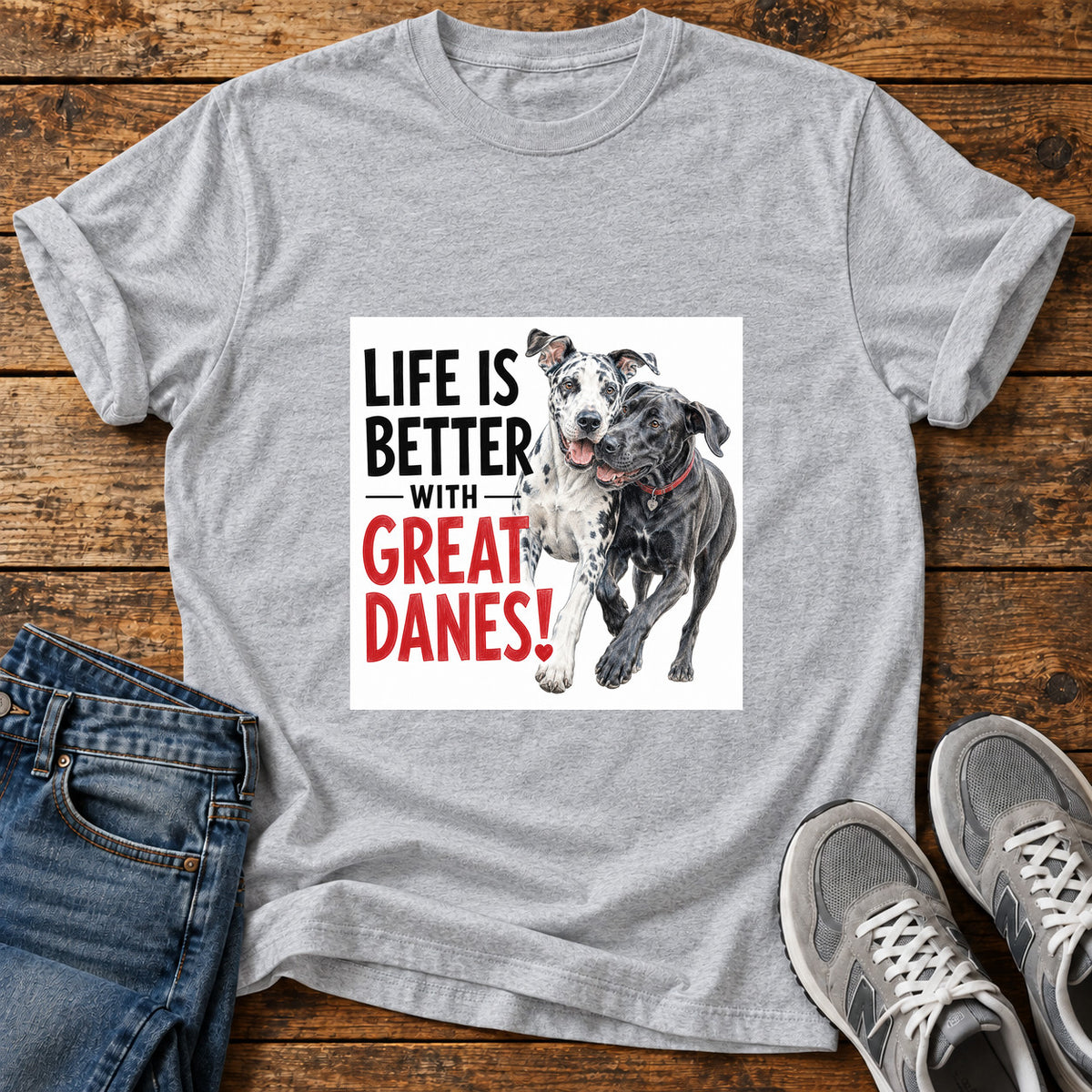 Great Danes Life graphic T-shirt in Sport Grey, shown on a flat-lay shirt mockup