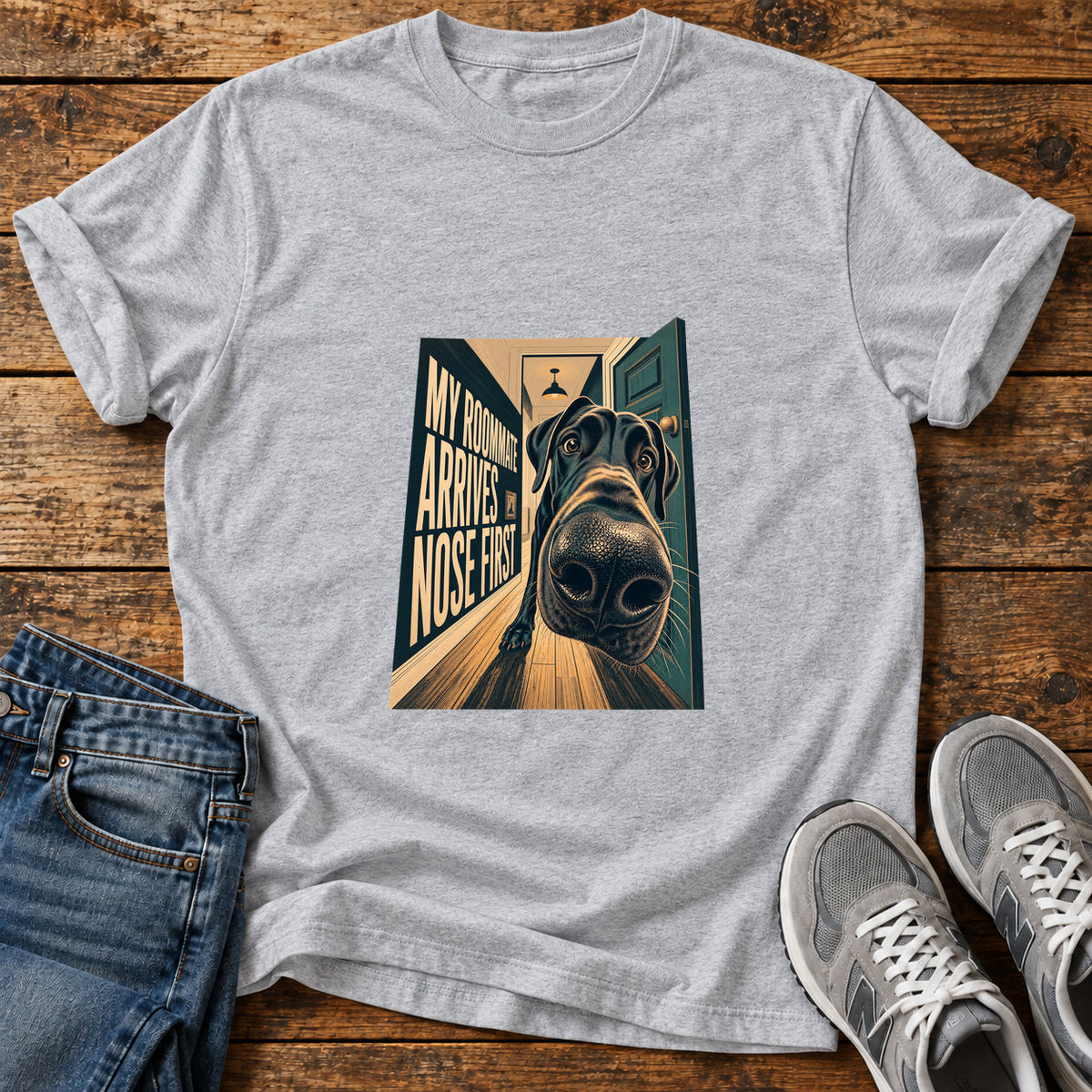 Nose First Roommate Great Dane graphic T-shirt in Sport Grey, shown on a flat-lay shirt mockup