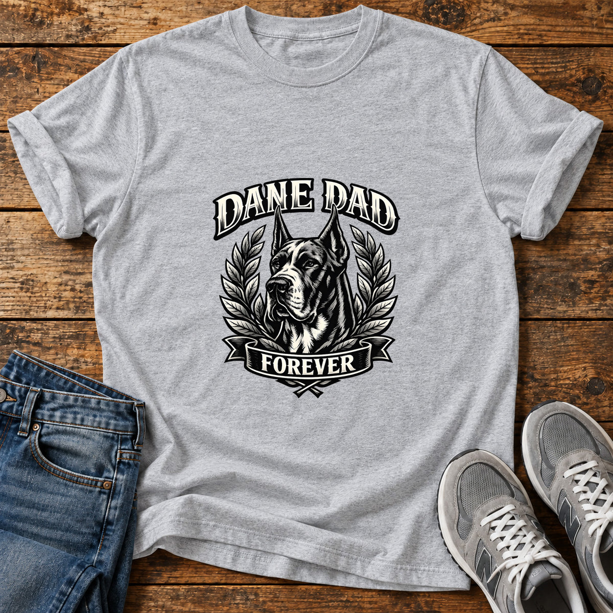 Dane Dad Forever Great Dane graphic T-shirt in Sport Grey, shown on a flat-lay shirt mockup