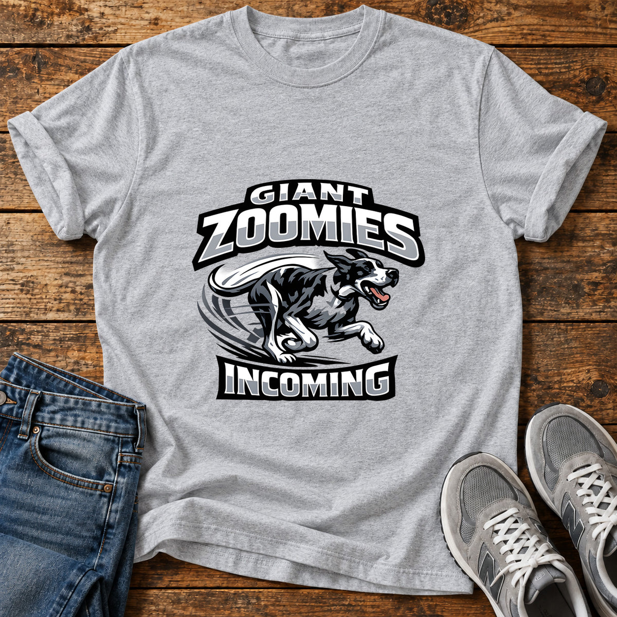 Giant Zoomies Great Dane graphic T-shirt in Sport Grey, shown on a flat-lay shirt mockup