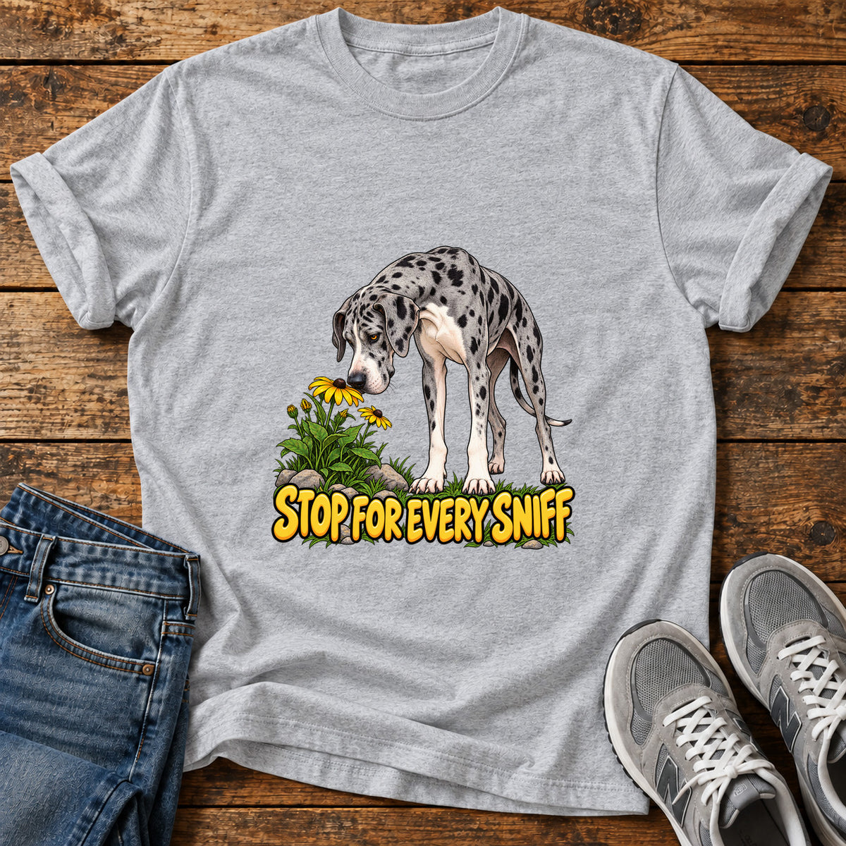 Stop Sniffing Time Great Dane graphic T-shirt in Sport Grey, shown on a flat-lay shirt mockup