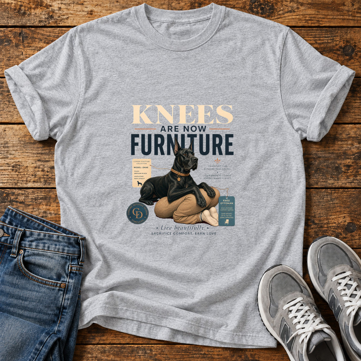 Knees Furniture Great Dane graphic T-shirt in Sport Grey, shown on a flat-lay shirt mockup