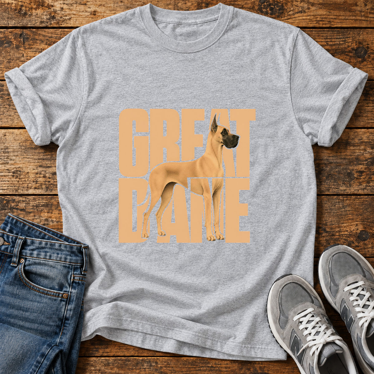 Great Dane graphic T-shirt in Sport Grey, shown on a flat-lay shirt mockup