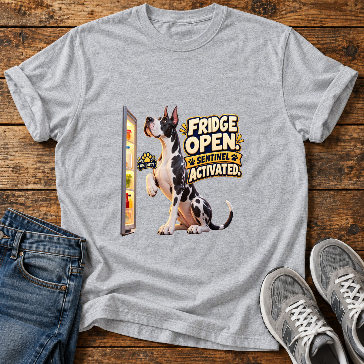 Fridge Sentinel Great Dane graphic T-shirt in Sport Grey, shown on a flat-lay shirt mockup