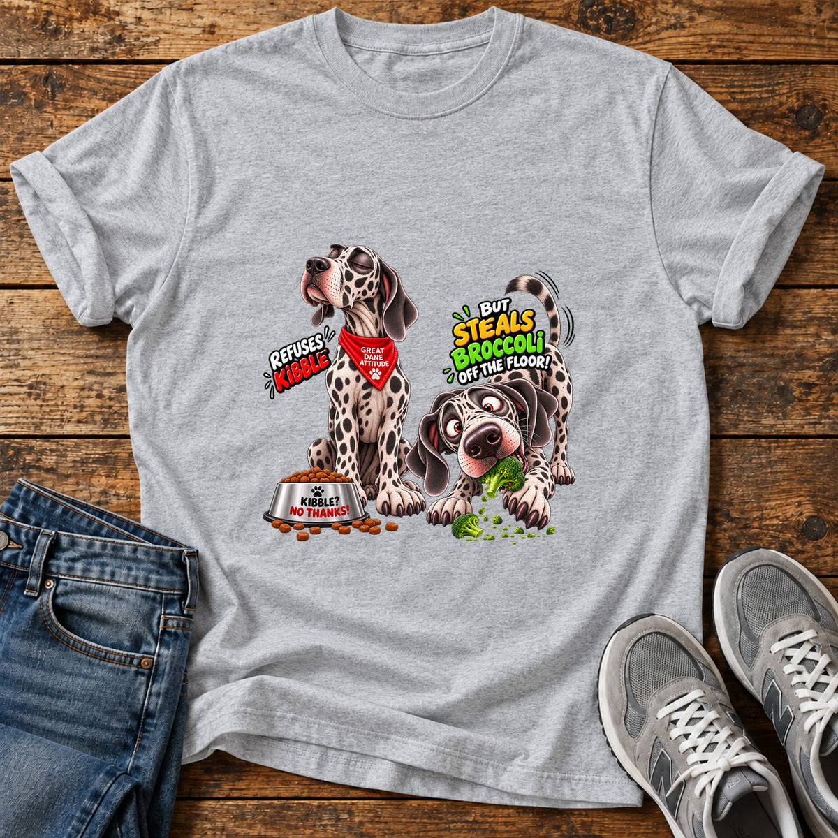 Great Dane Kibble graphic T-shirt in Sport Grey, shown on a flat-lay shirt mockup