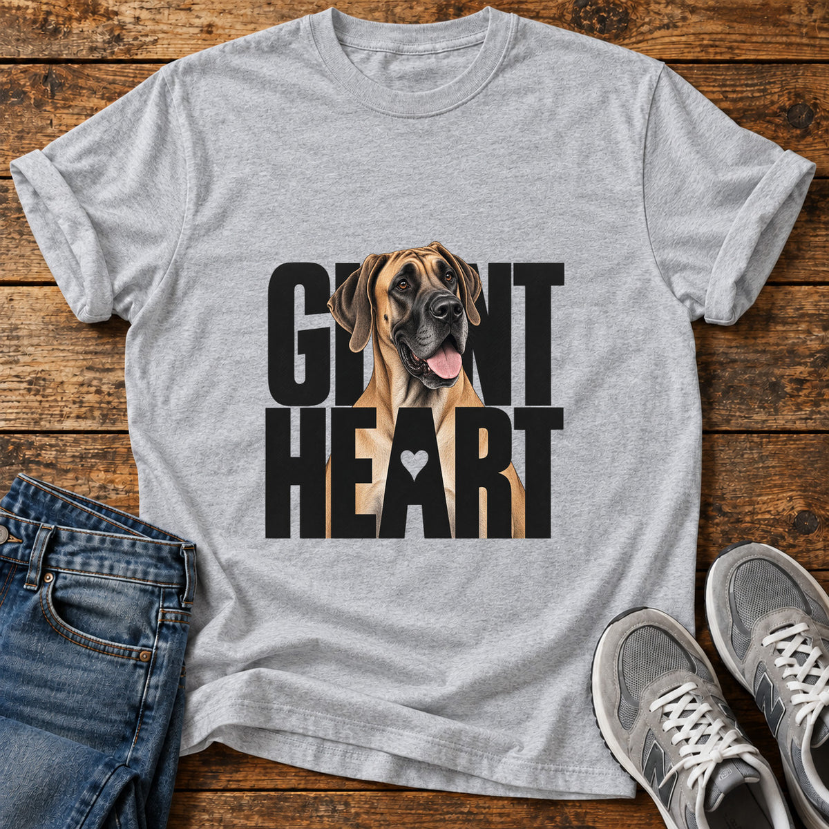 Giant Heart Great Dane graphic T-shirt in Sport Grey, shown on a flat-lay shirt mockup
