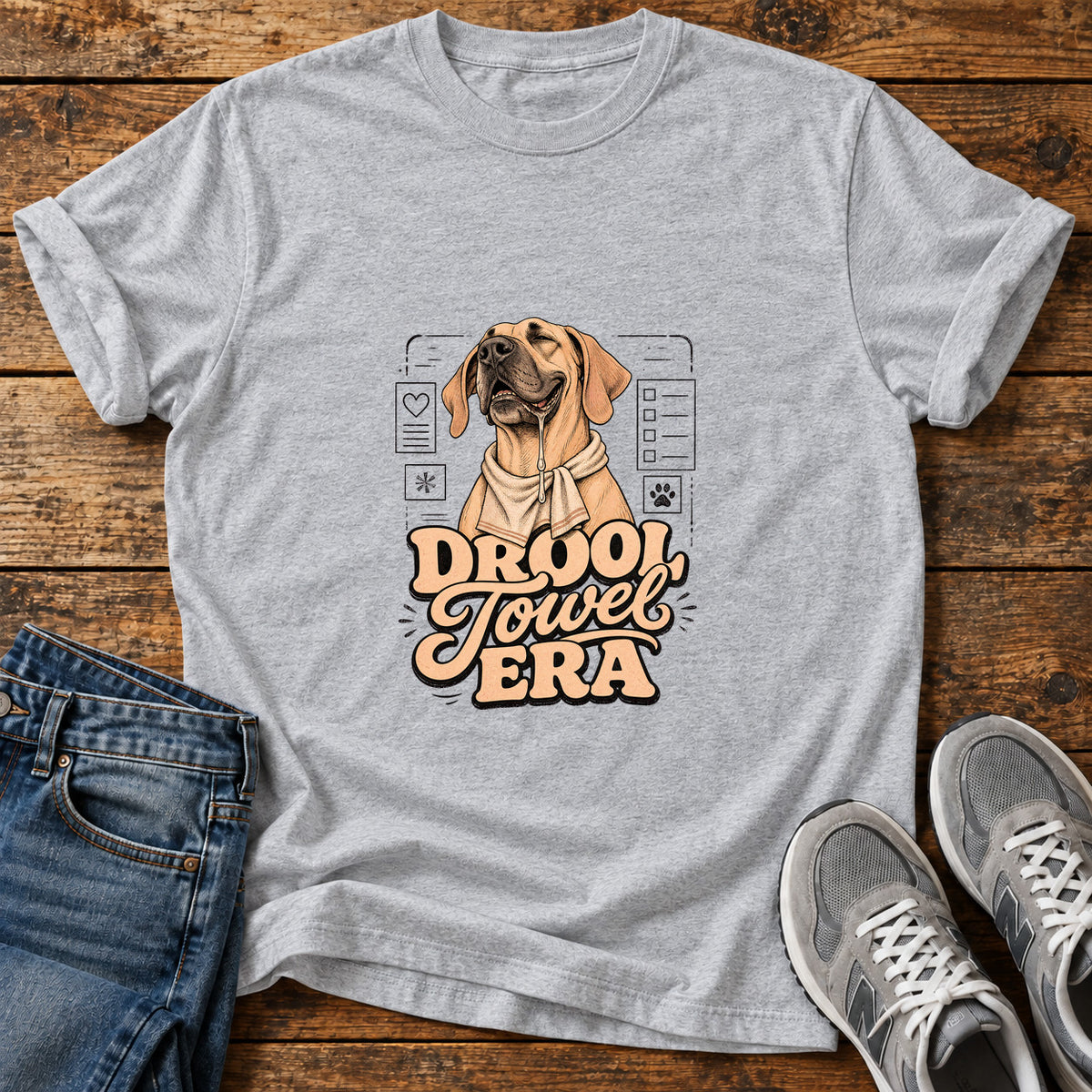 Drool Towel Era Great Dane graphic T-shirt in Sport Grey, shown on a flat-lay shirt mockup