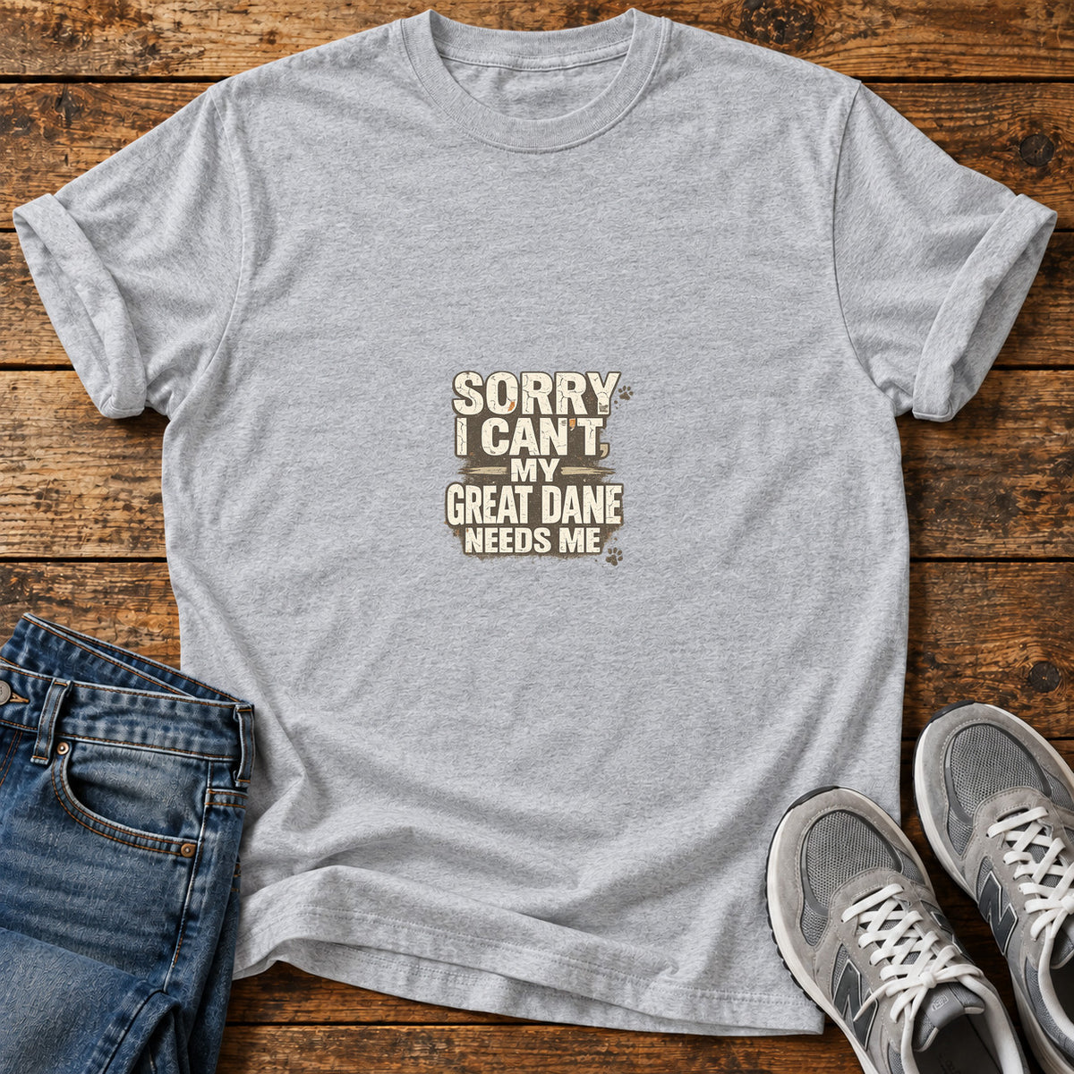 Great Dane Duty graphic T-shirt in Sport Grey, shown on a flat-lay shirt mockup