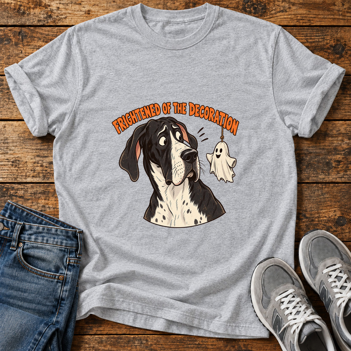 Frightened Decoration Great Dane graphic T-shirt in Sport Grey, shown on a flat-lay shirt mockup