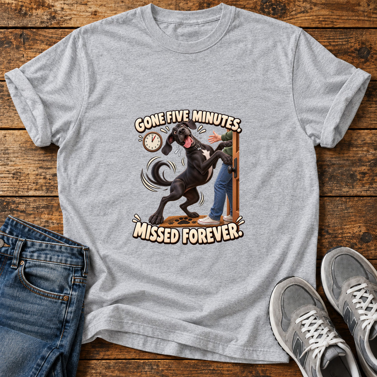 Gone Five Minutes Great Dane graphic T-shirt in Sport Grey, shown on a flat-lay shirt mockup