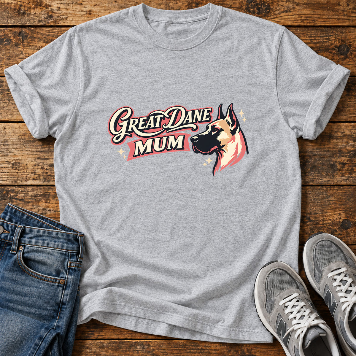 Great Dane Mum graphic T-shirt in Sport Grey, shown on a flat-lay shirt mockup