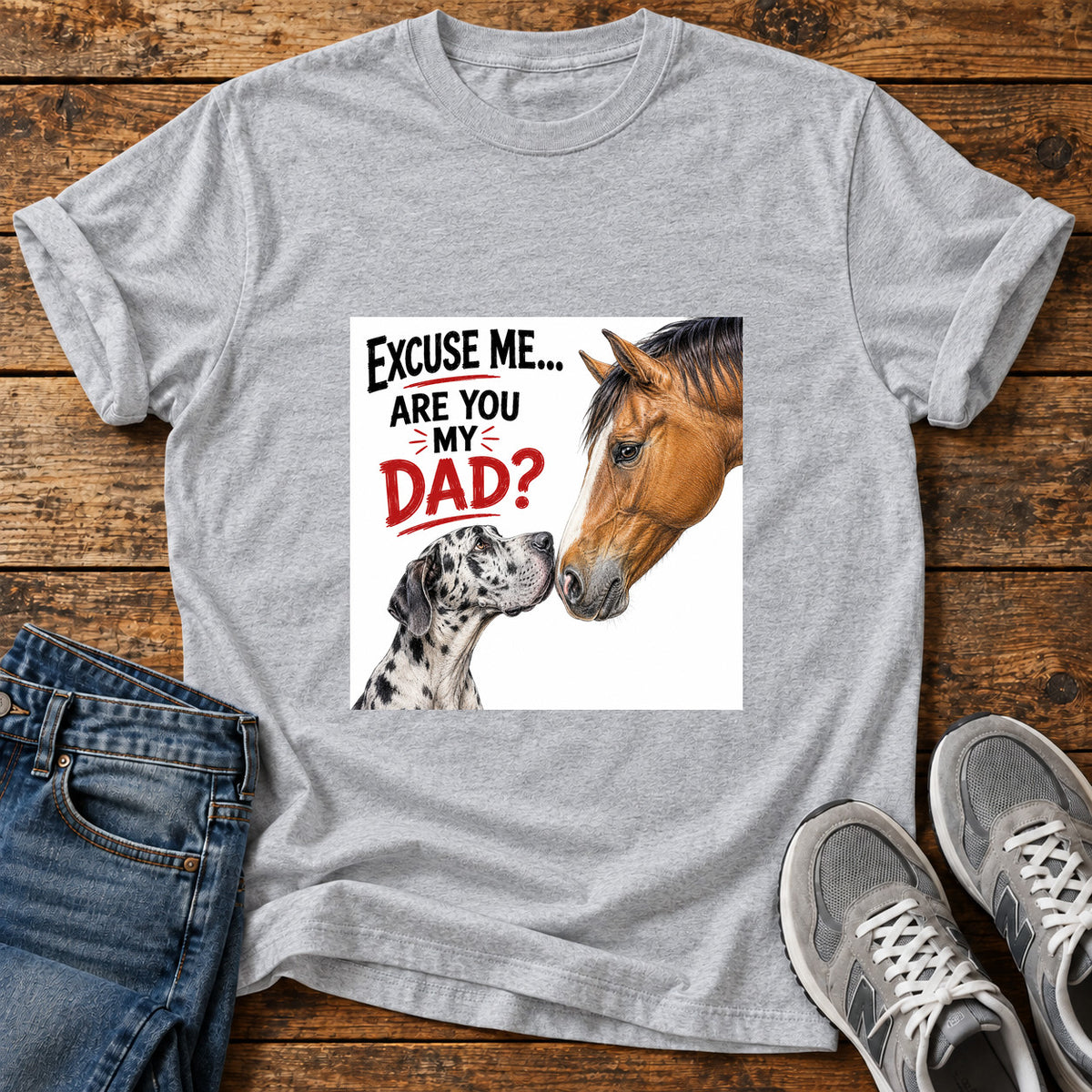 Are You Dad Great Dane graphic T-shirt in Sport Grey, shown on a flat-lay shirt mockup