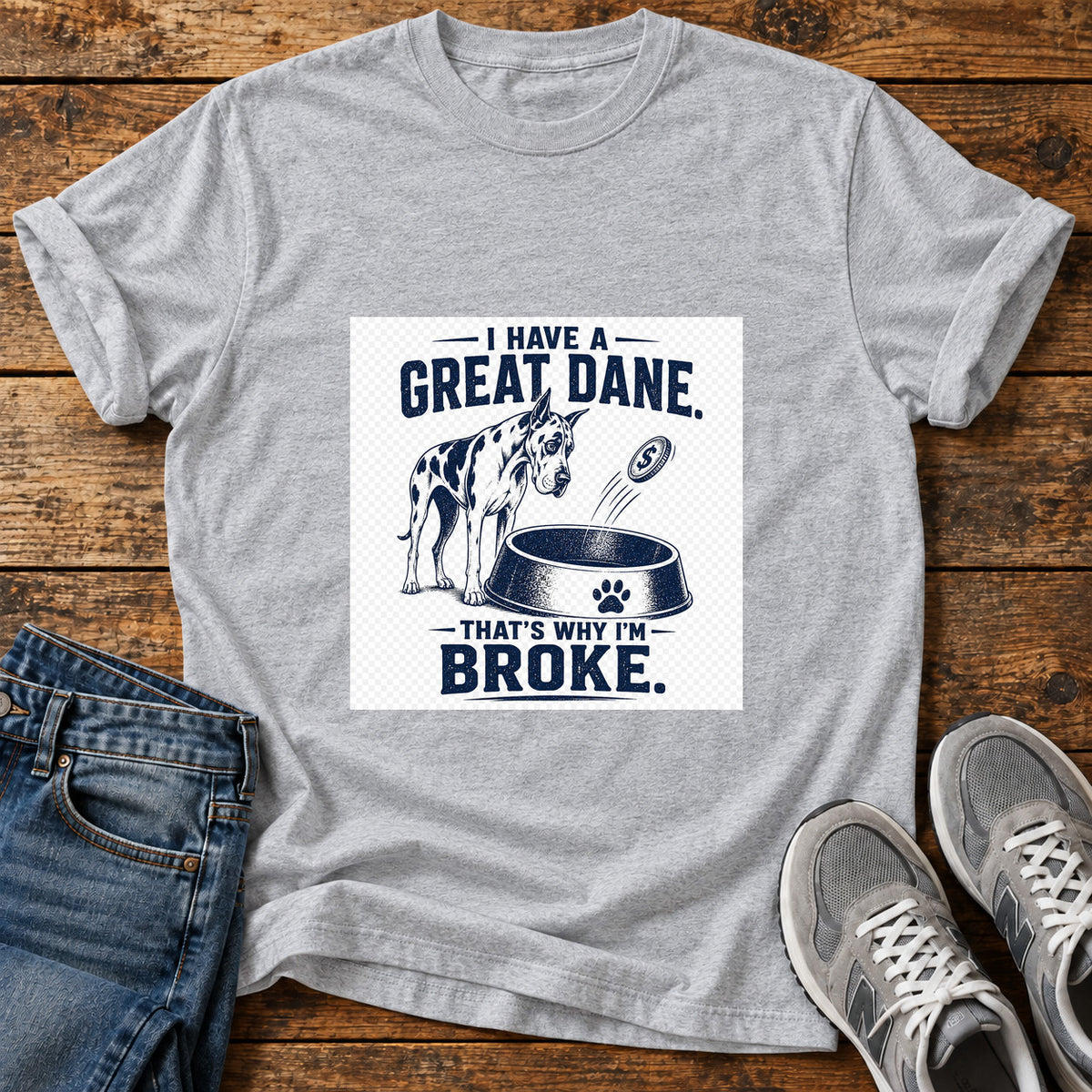 Great Dane Broke graphic T-shirt in Sport Grey, shown on a flat-lay shirt mockup