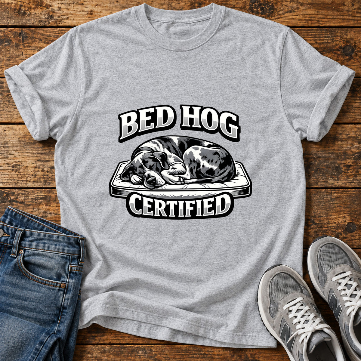 Bed Hog Certified Great Dane graphic T-shirt in Sport Grey, shown on a flat-lay shirt mockup