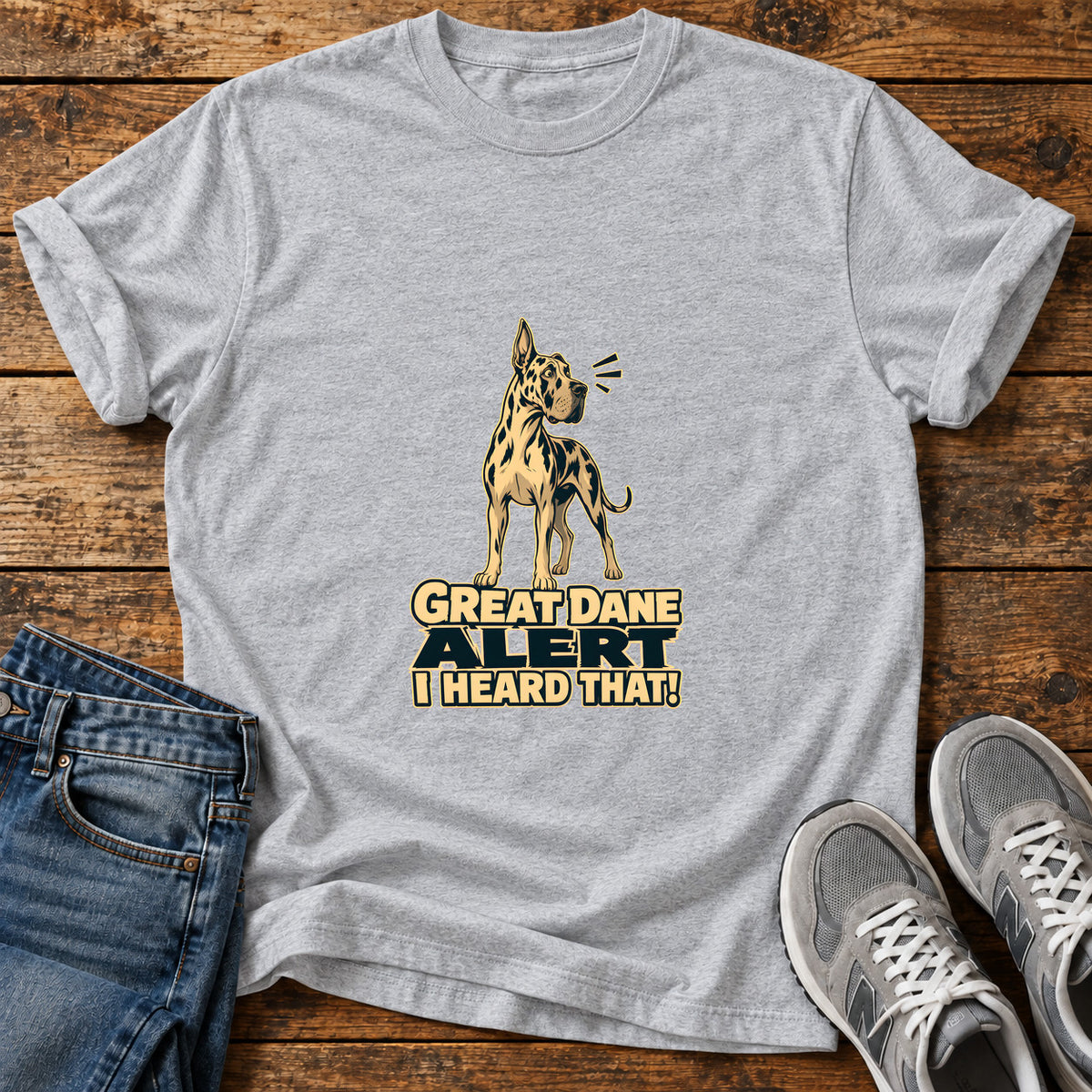 Great Dane Alert graphic T-shirt in Sport Grey, shown on a flat-lay shirt mockup