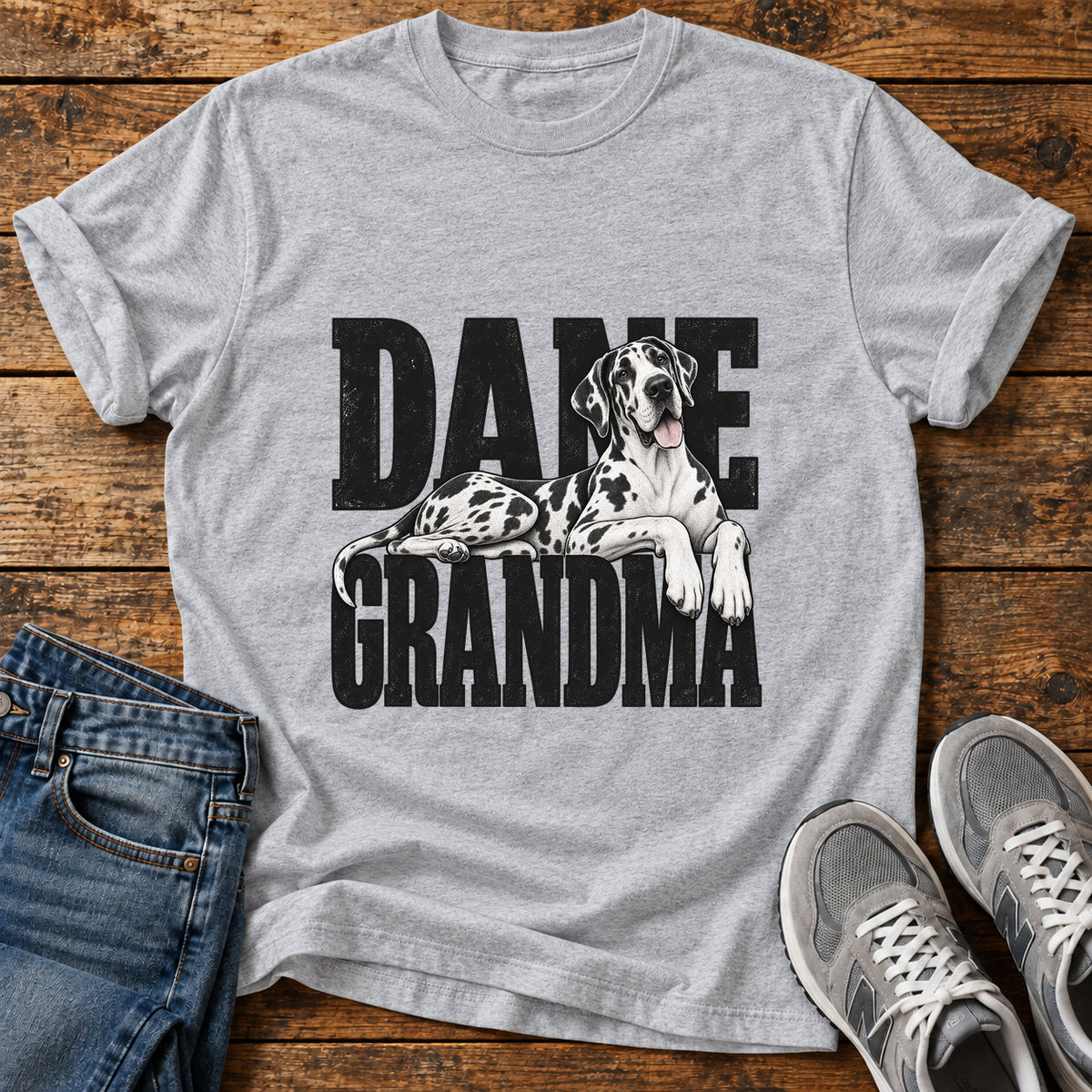 Dane Grandma Great Dane graphic T-shirt in Sport Grey, shown on a flat-lay shirt mockup
