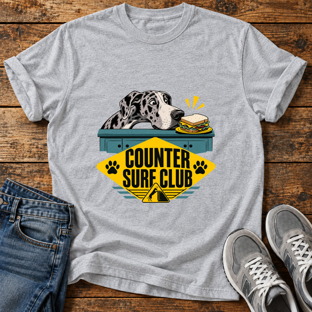 Counter Surf Club Great Dane graphic T-shirt in Sport Grey, shown on a flat-lay shirt mockup